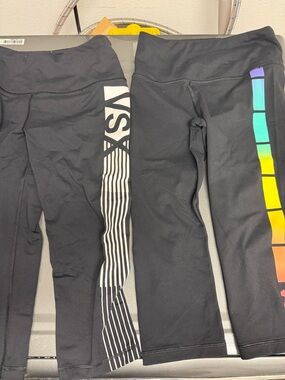 2 Victoria's Secret Black Leggings with Rainbow Panel & White Logo Stripe